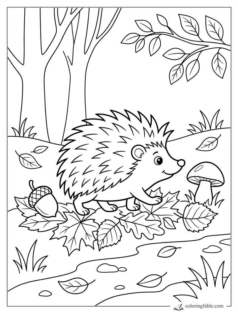 Smiling hedgehog walking through fall leaves with an acorn, mushroom, trees, and branch overhead