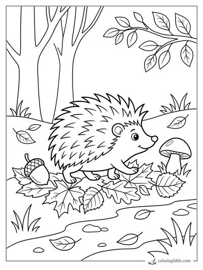 Smiling hedgehog walking through fall leaves with an acorn, mushroom, trees, and branch overhead