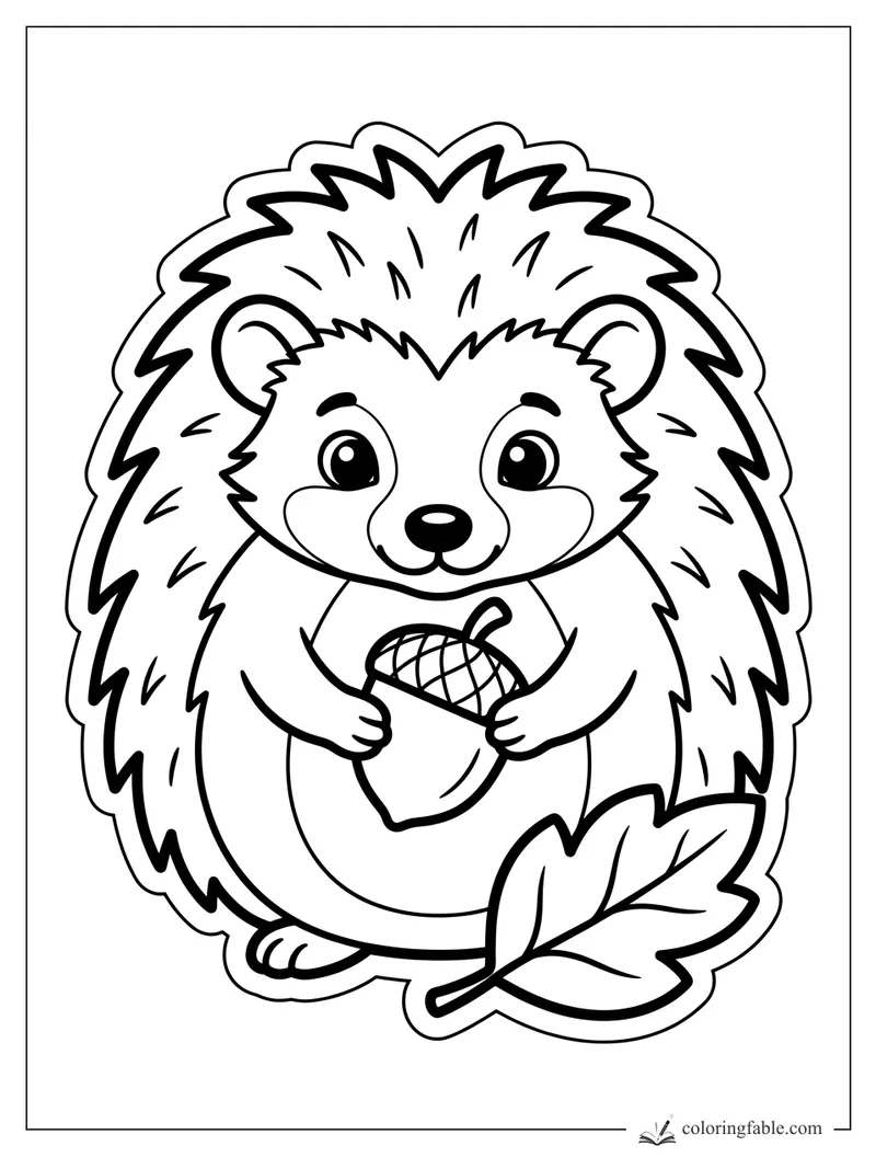 Cute sticker-style hedgehog holding an acorn beside a large leaf coloring page