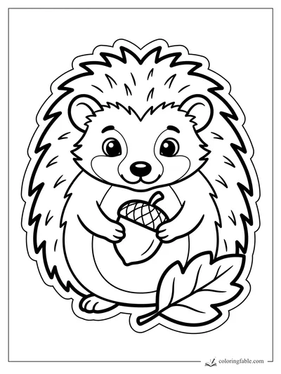 Cute sticker-style hedgehog holding an acorn beside a large leaf coloring page