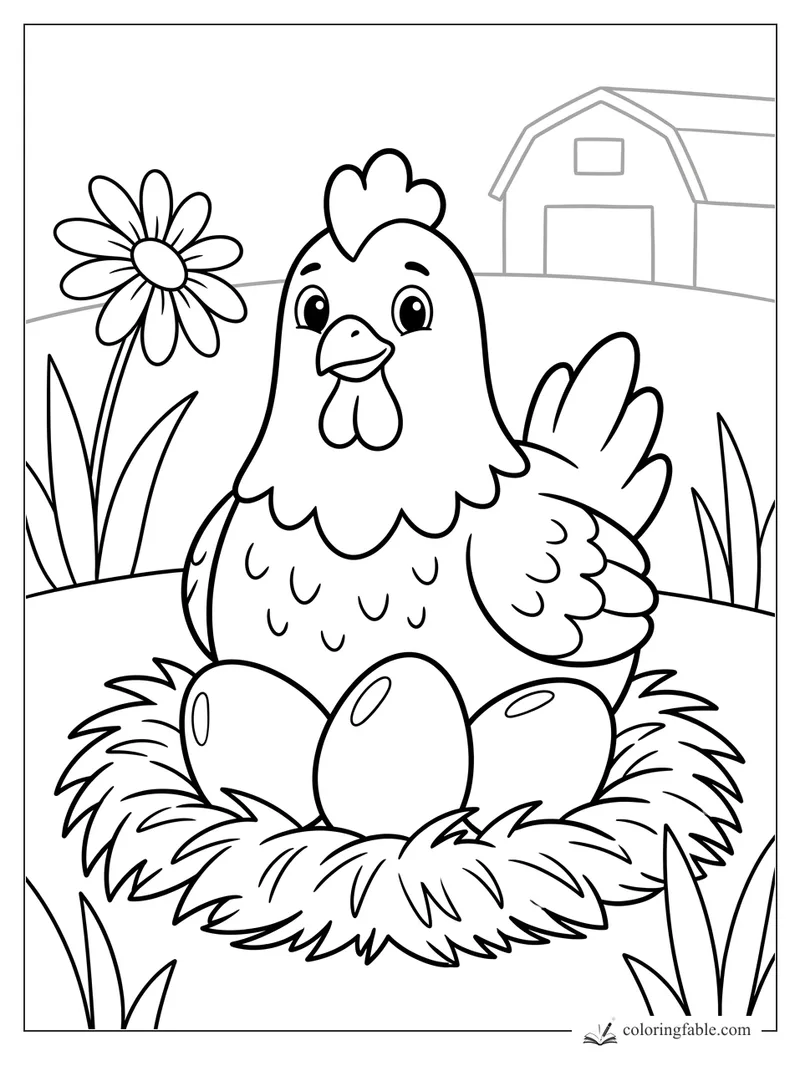 Easy coloring page of a smiling hen sitting by three eggs, a daisy, tall grass, and a barn.