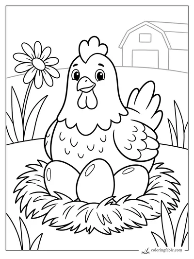 Easy coloring page of a smiling hen sitting by three eggs, a daisy, tall grass, and a barn.