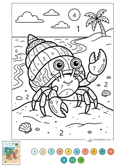 Smiling Hermit Crab on a Tropical Beach — color by number