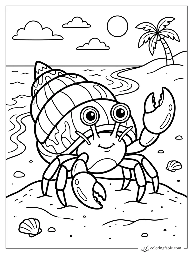 Cartoon hermit crab with patterned shell on a beach with palm tree, waves, sun, clouds, and seashells.
