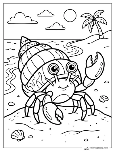 Cartoon hermit crab with patterned shell on a beach with palm tree, waves, sun, clouds, and seashells.