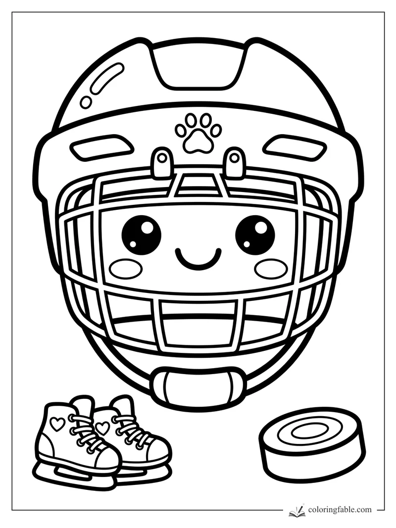 Kawaii hockey helmet with a paw print, smiling face, skates, and puck coloring page