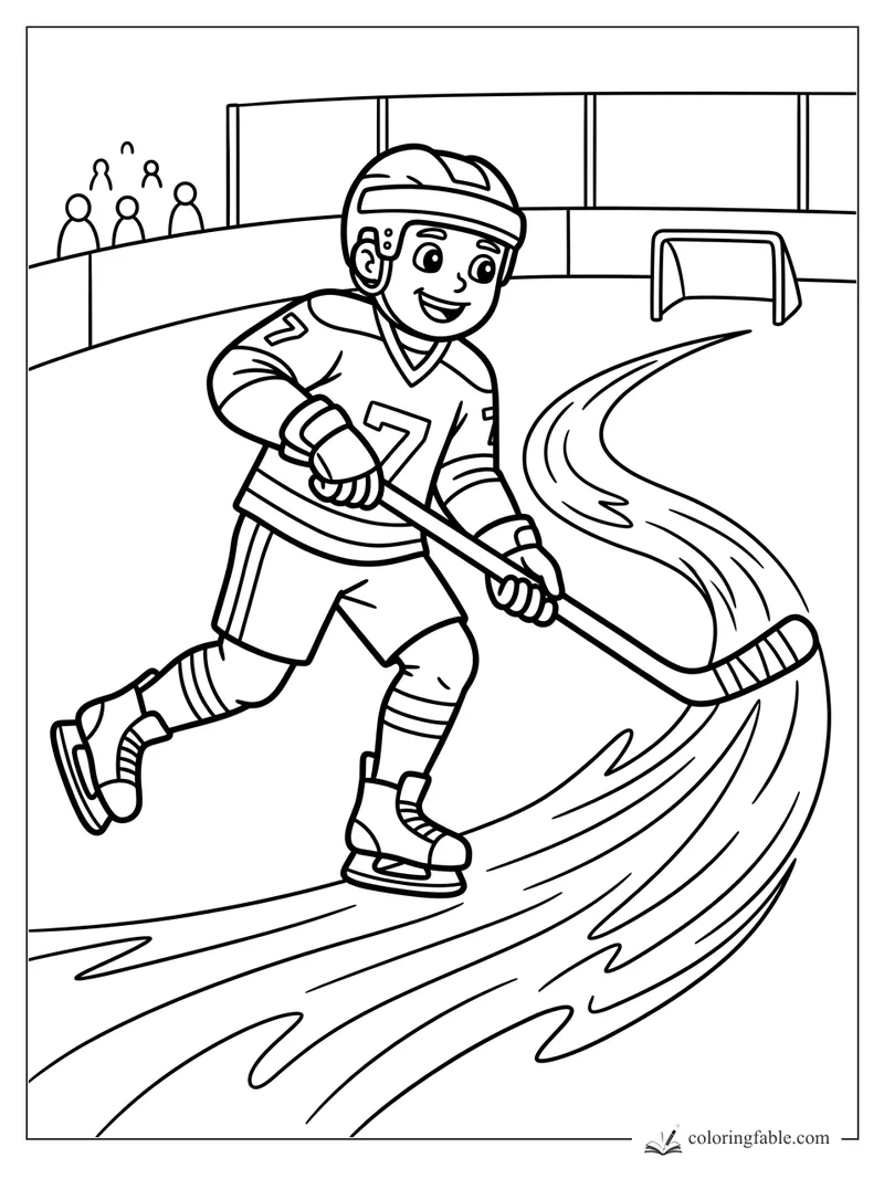 Cartoon hockey player in jersey 7 skating with stick past a curvy ice trail toward a small goal