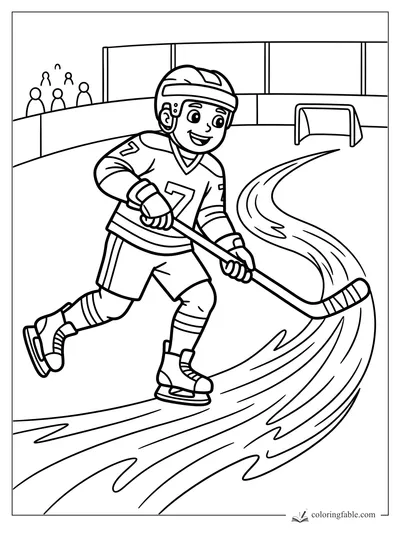 Cartoon hockey player in jersey 7 skating with stick past a curvy ice trail toward a small goal