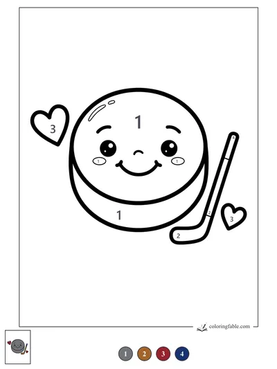 Smiling Hockey Puck with Stick and Hearts — color by number