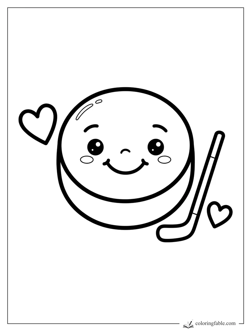 Kawaii hockey puck with a smiling face, hockey stick, and two hearts coloring page