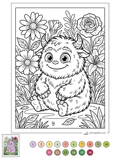 Smiling Horned Monster in a Flower Patch — color by number