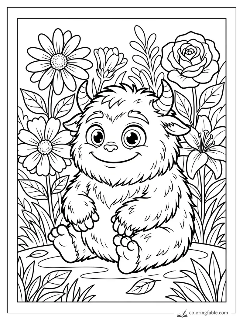 Cute furry monster with striped horns sitting among daisies, a rose, lilies, leaves, and fallen petals.