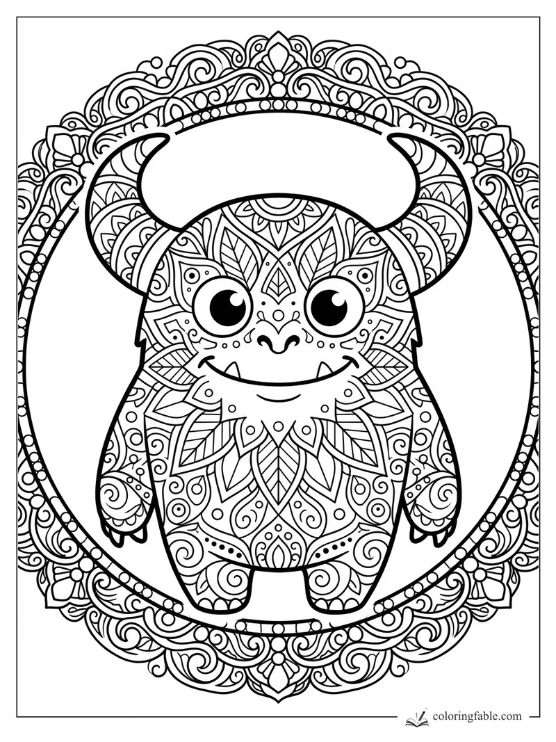 Cute horned monster with big eyes, leaf patterns, and an ornate mandala circle
