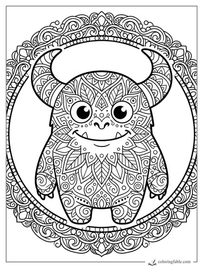 Cute horned monster with big eyes, leaf patterns, and an ornate mandala circle