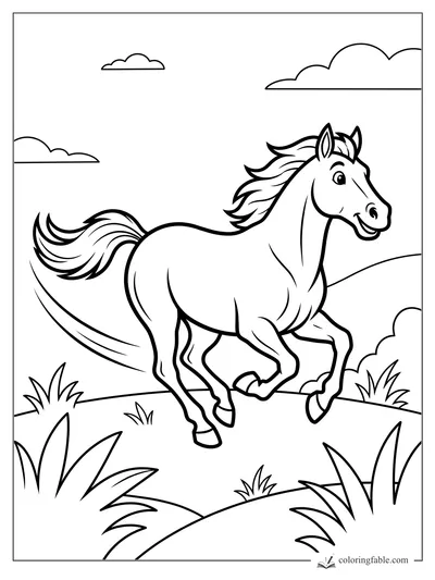 Cartoon horse galloping with flowing mane through a hilly meadow under puffy clouds