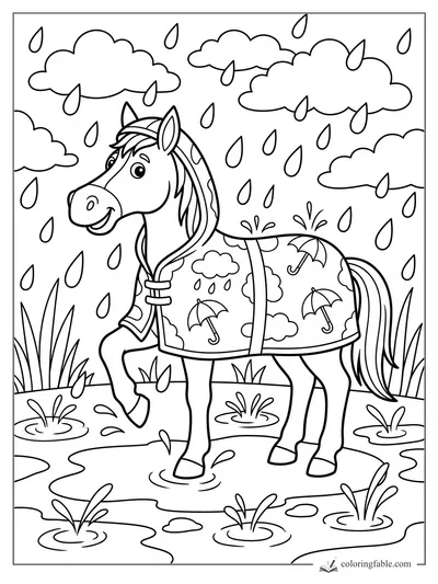 Cartoon horse wearing an umbrella raincoat steps through puddles under rainy clouds.