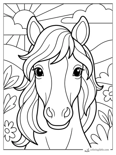 Bold easy horse coloring page with big eyes, flowing mane, sun rays, hills, clouds, and flowers.