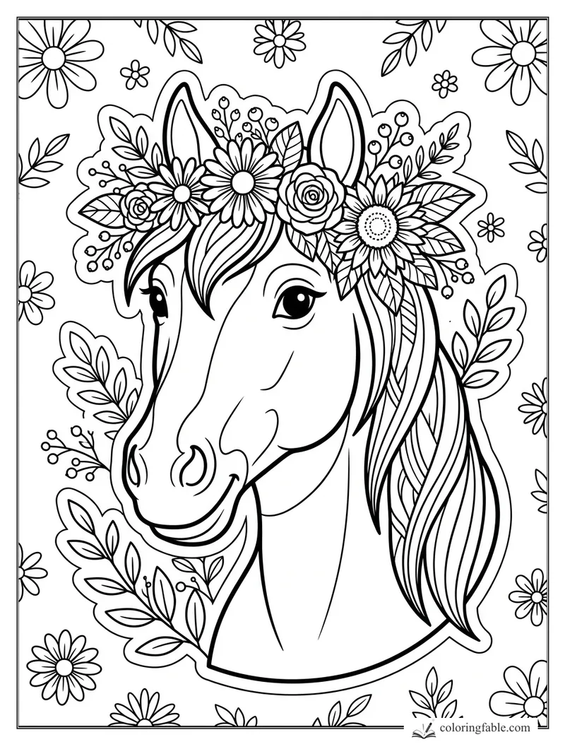 Smiling horse sticker with long mane, tall ears, daisies, roses, leafy sprigs, and scattered flowers.