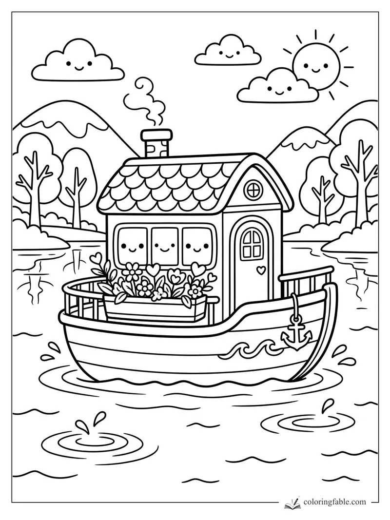 Kawaii houseboat with smiling windows, flower boxes, anchor, clouds, sun, mountains, and lake ripples