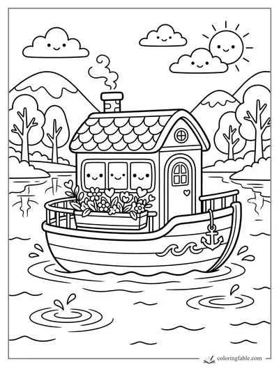 Kawaii houseboat with smiling windows, flower boxes, anchor, clouds, sun, mountains, and lake ripples