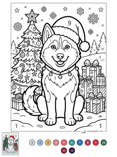 Smiling Husky in a Santa Hat by the Christmas Tree — color by number