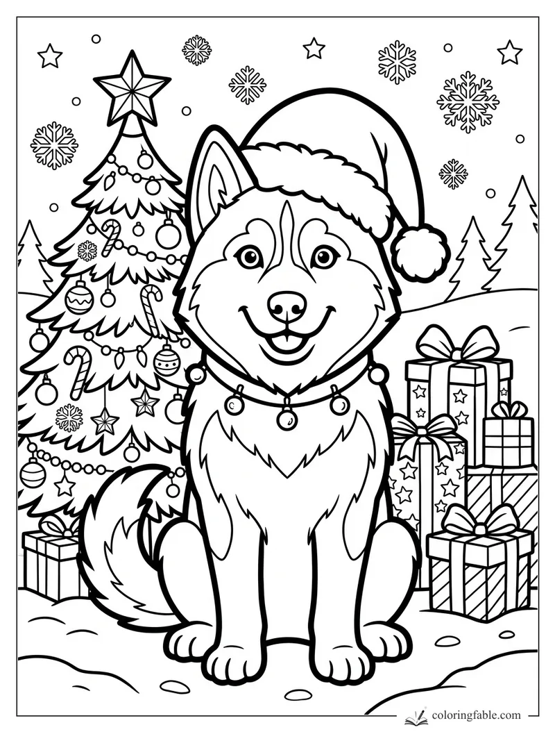 Cartoon husky in Santa hat beside a decorated Christmas tree, gifts, snowflakes, and stars