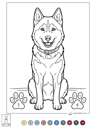 Smiling Husky with Collar and Paw Prints — color by number