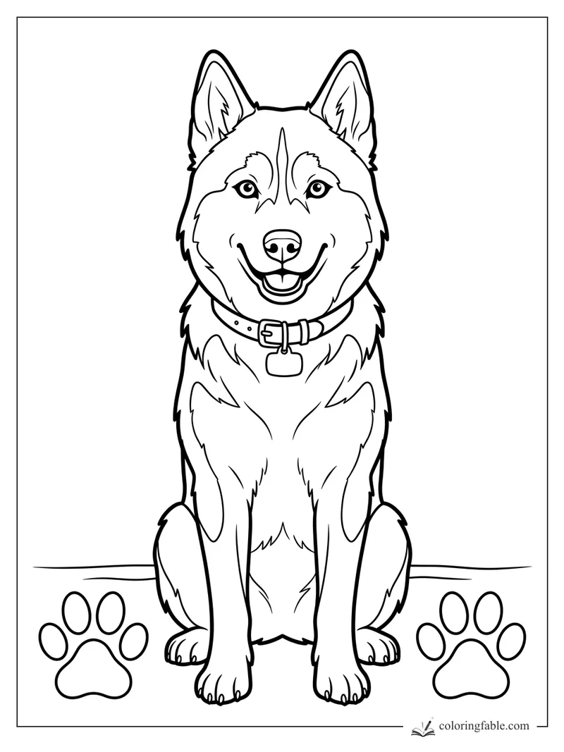 Smiling husky sitting front-facing with tall ears, collar tag, fluffy chest, and two paw prints.
