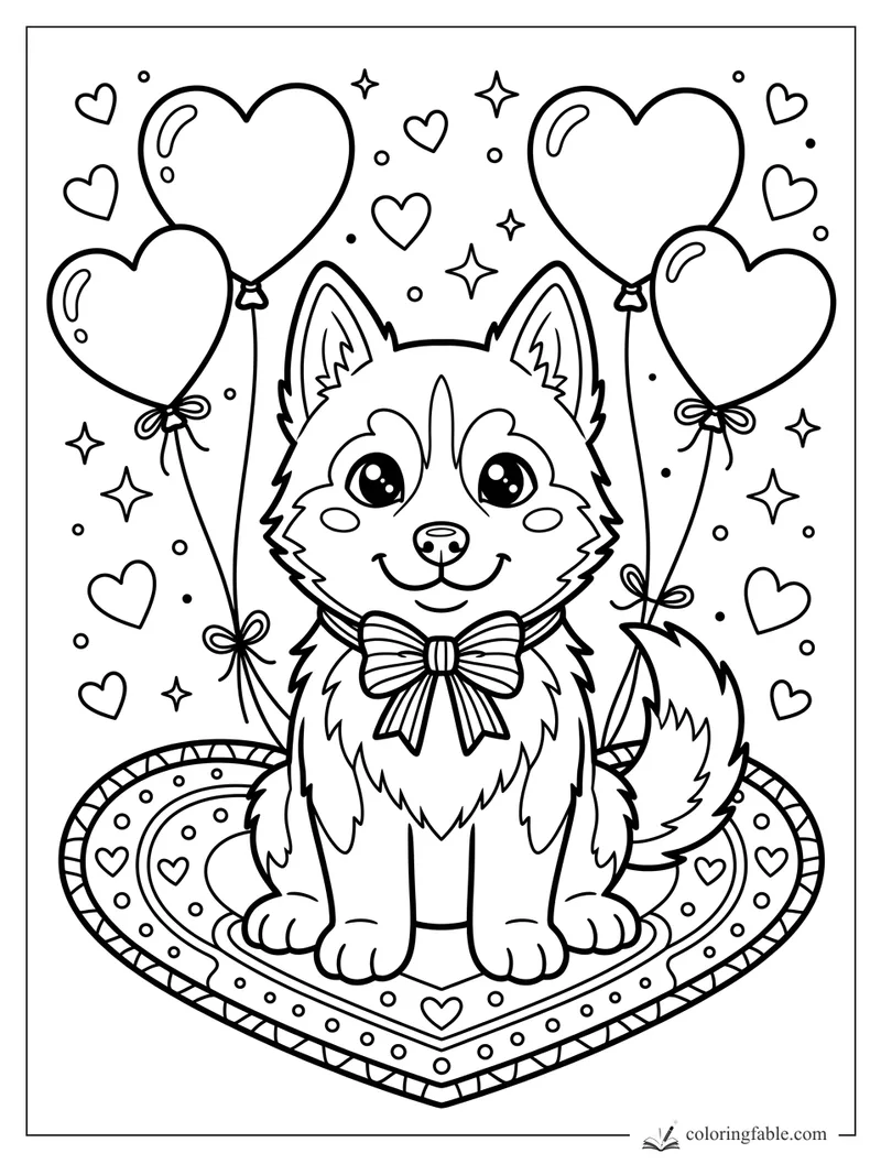 Cute cartoon husky with bow tie, heart balloons, sparkles, and a patterned heart rug coloring page