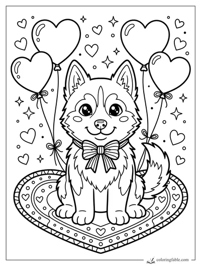 Cute cartoon husky with bow tie, heart balloons, sparkles, and a patterned heart rug coloring page