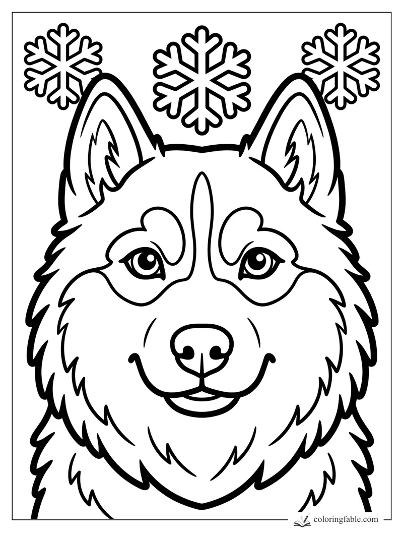 Easy husky face coloring page with tall ears, fluffy cheeks, and three snowflakes above its head.