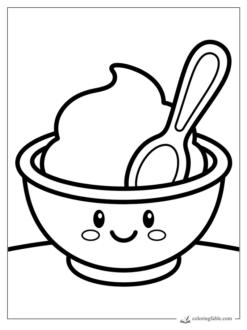 Bold easy coloring page of a smiling bowl with one big ice cream scoop and a spoon.