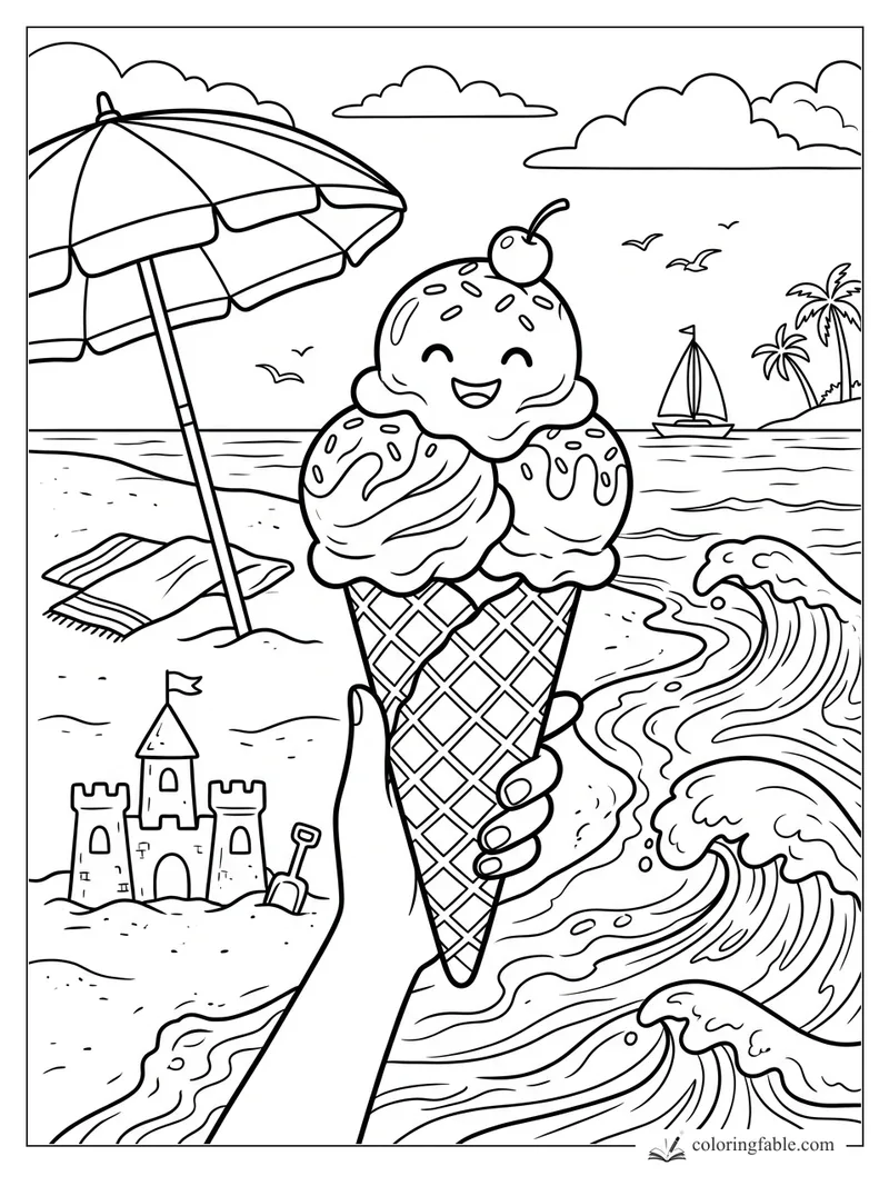 Smiling triple-scoop ice cream cone held by ocean waves, beach umbrella, sandcastle, sailboat, and palm trees