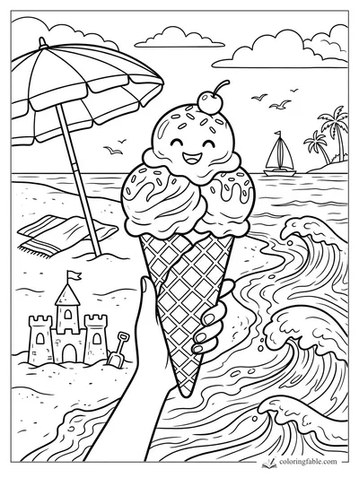 Smiling triple-scoop ice cream cone held by ocean waves, beach umbrella, sandcastle, sailboat, and palm trees