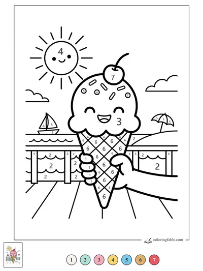 Smiling Ice Cream Cone on the Seaside Pier — color by number