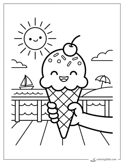 Kawaii ice cream cone with cherry, sprinkles, sailboat, sun, umbrella, and pier by the sea