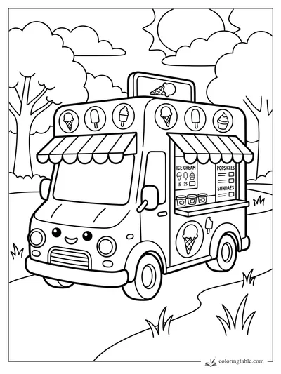 Kawaii ice cream truck with striped awnings, menu signs, trees, clouds, and sun