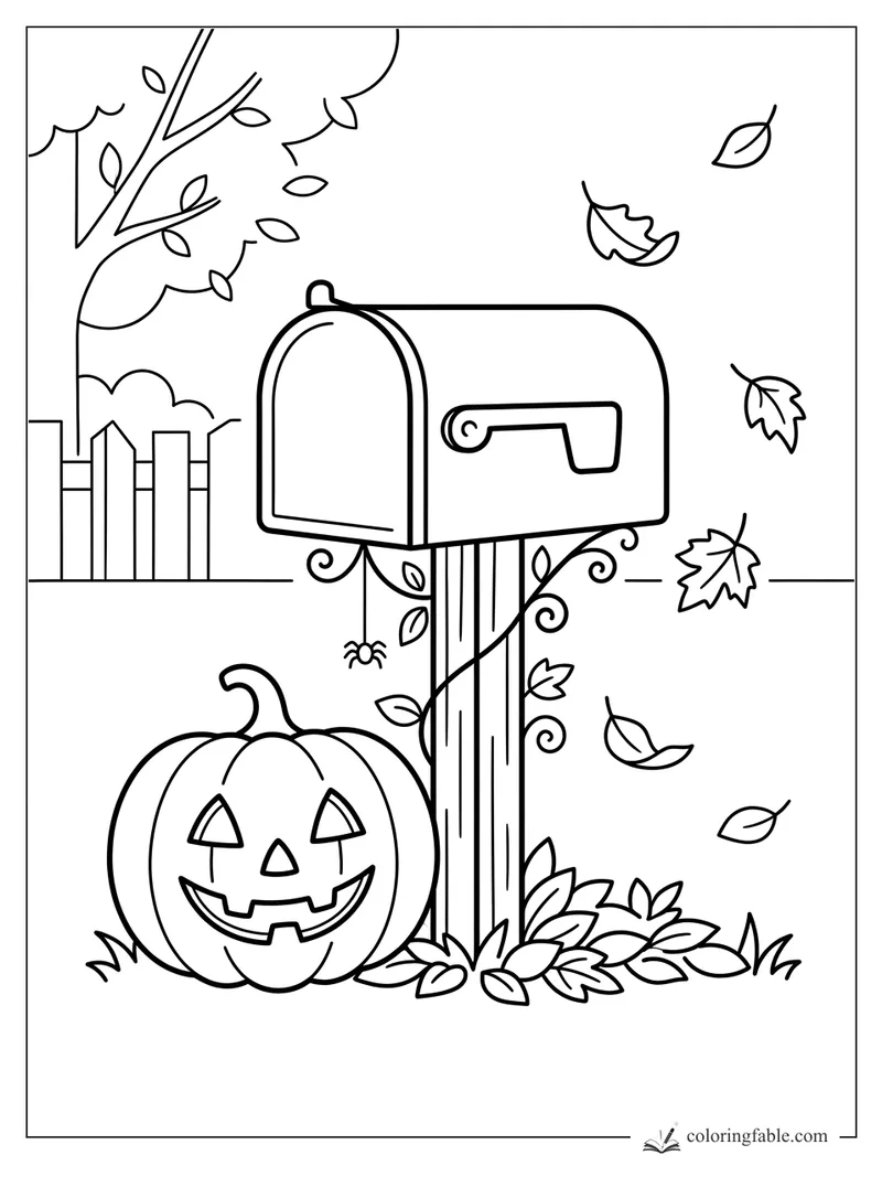 Easy jack-o’-lantern coloring page with mailbox, fence, vines, spider, and falling leaves