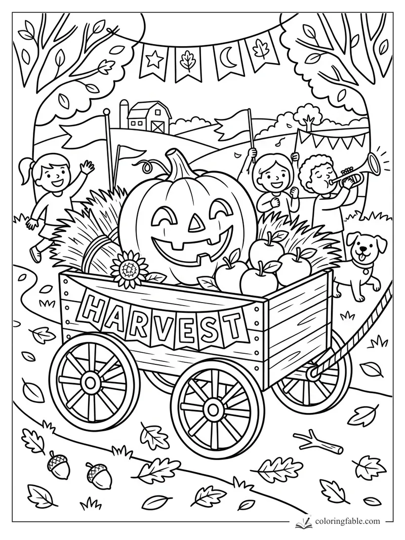Smiling jack-o’-lantern in a harvest wagon with apples, kids, dog, flags, barn, and fall leaves