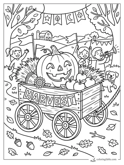 Smiling jack-o’-lantern in a harvest wagon with apples, kids, dog, flags, barn, and fall leaves