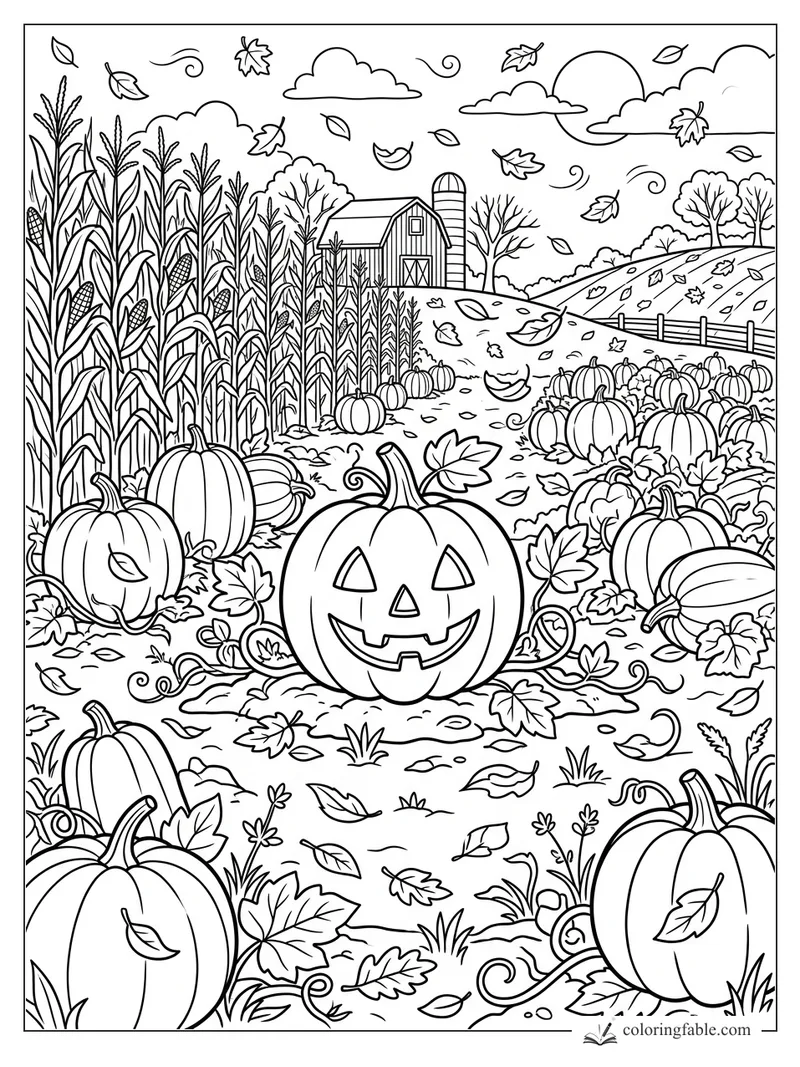 Smiling jack-o'-lantern among pumpkins, corn stalks, barn, silo, rolling hills, clouds, and falling leaves.