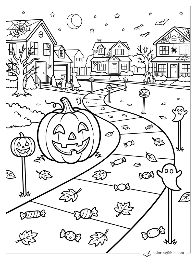 Large smiling jack-o’-lantern beside a winding candy path, ghost signs, spooky houses, bats, moon and stars.