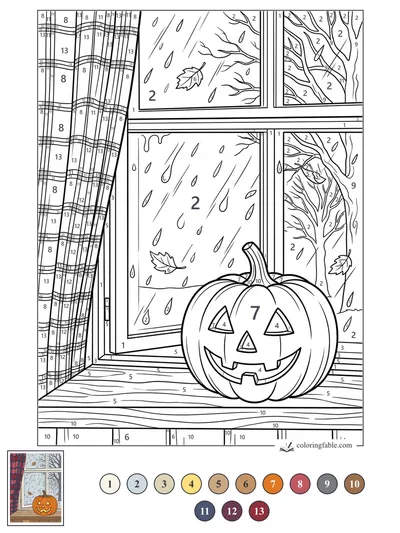 Smiling Jack-o’-Lantern on a Rainy Windowsill — color by number