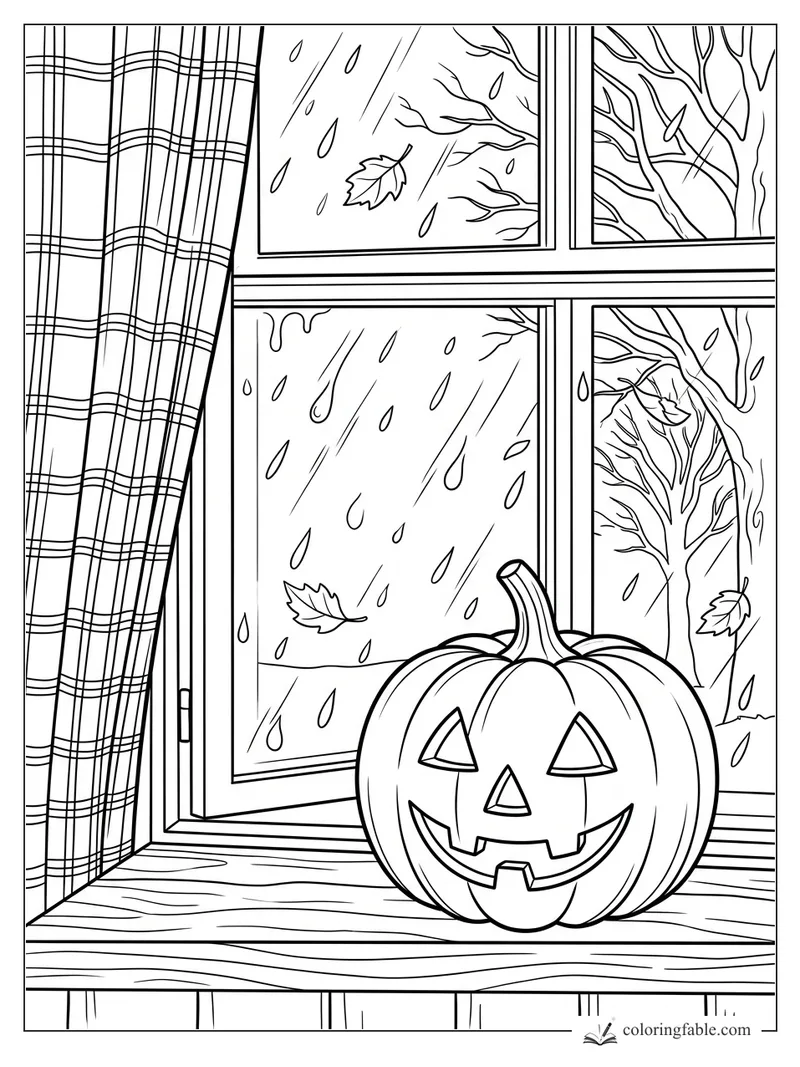 Realistic jack-o'-lantern on a wooden windowsill with rain, bare trees, leaves, and a plaid curtain.