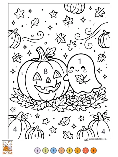 Smiling Jack-O’-Lantern with a Leaf-Holding Ghost — color by number