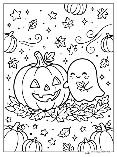 Kawaii jack-o’-lantern and smiling ghost with fall leaves, stars, swirls, and pumpkins