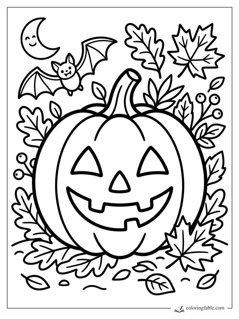 Easy fall coloring page with a smiling jack-o’-lantern, cute bat, crescent moon, leaves, and berries.