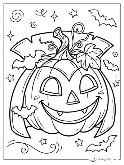 Cartoon jack-o’-lantern with a cape, curly vines, stars, leaves, and flying bats.
