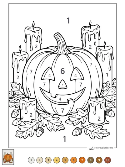 Smiling Jack-o’-Lantern with Candles, Oak Leaves, and Acorns — color by number