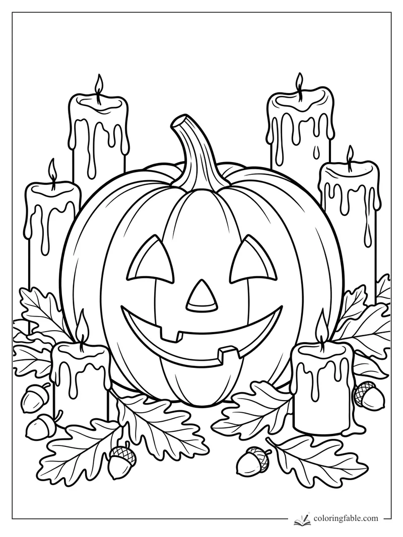 Realistic jack-o’-lantern with six dripping candles, oak leaves, and acorns for Halloween coloring